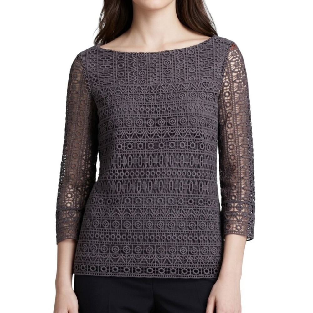 Tory Burch Crochet Lace Blouse Womens XS Gray Boatneck Sheer Sleeve Linen Top